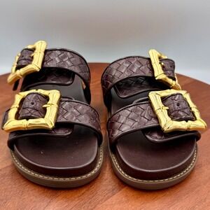 Schutz Enola Sporty Woven Dark Choco Brown Leather Bamboo Buckle Sandals Women 5